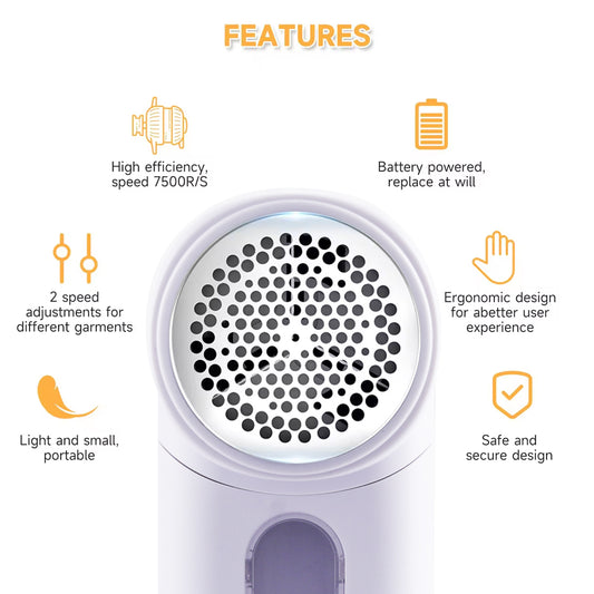 Lint remover with features listed on a white background