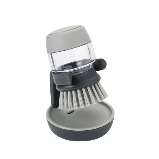 Dish scrub brush with built-in soap dispenser for pots and bowls