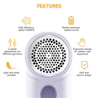 Lint remover with features listed on a white background