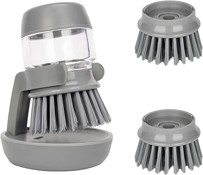 Dish scrub brush with built-in soap dispenser for pots and bowls